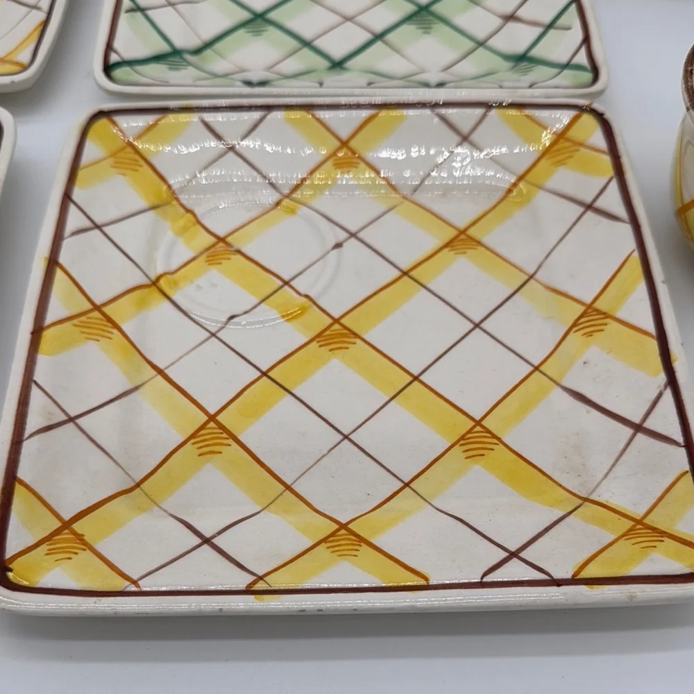 Vintage Italian Plaid Ceramic Cup and Saucer Snack Set Hand Painted in Italy